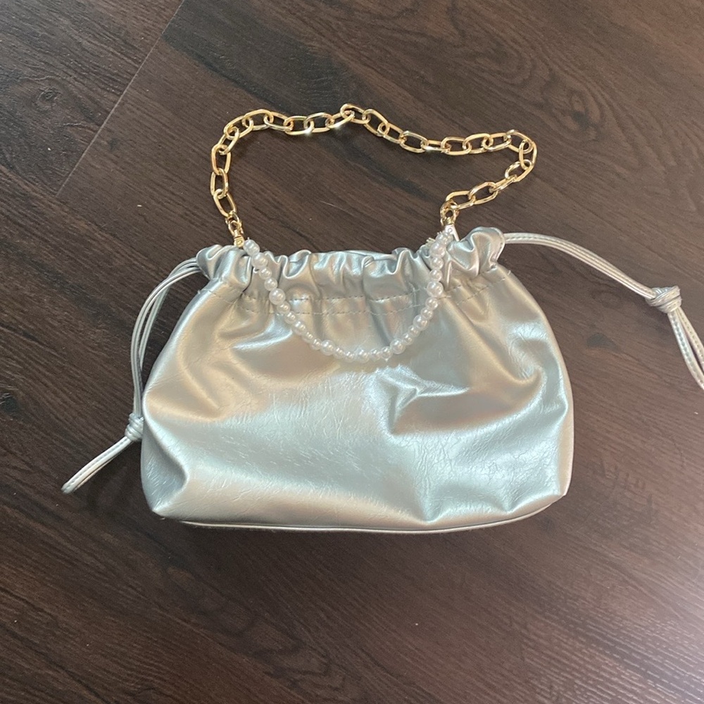 Universal Thread Metallic Silver Drawstring Bag with Gold Chain